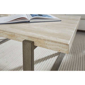 Ariela console table made of natural travertine with a bronze-colored metal base