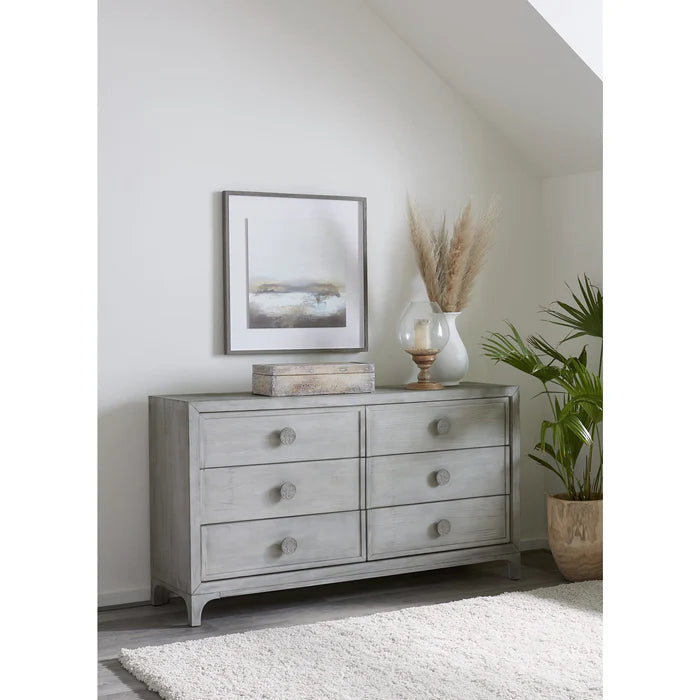 boho white dresser LEYAOYAO Horizontal 6 Drawer Dresser, Bedroom Rattan Dresser, Boho Chest of Drawer for Living Room, Hallway, Grey White