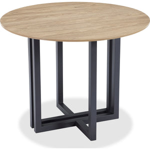 CEO Round dining table made of sintered stone with wood pattern in red brass and washed oak