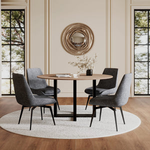 CEO Round dining table made of sintered stone with wood pattern in red brass and washed oak