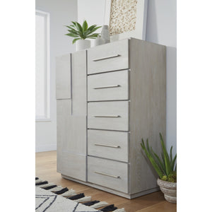 Destination five-drawer pullover chest with one door in cotton grey (2024)