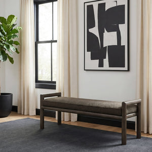 Dorsey Boucle upholstered wooden bench in basalt grey and pumpernickel