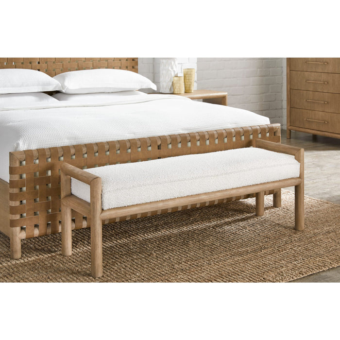 Dorsey Boucle upholstered wooden bench in granola and ricotta