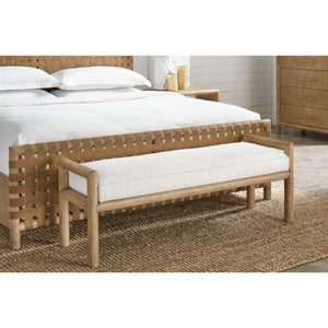Dorsey Boucle upholstered wooden bench in granola and ricotta