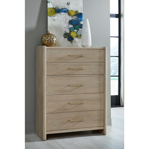Gardenia oak chest of drawers with five drawers in Chai