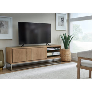 One Coastal Modern 74-inch TV console in brushed stainless steel and bisque porcelain