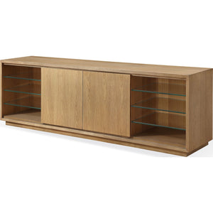 A modern 84-inch coastal-style TV console in bisque porcelain