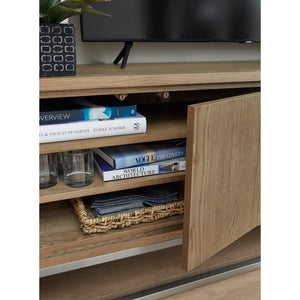 A modern 84-inch coastal-style TV console in bisque porcelain