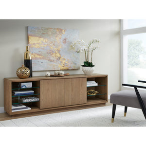 A modern 84-inch coastal-style TV console in bisque porcelain