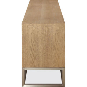One Coastal Modern 84-inch TV console in brushed stainless steel and bisque porcelain
