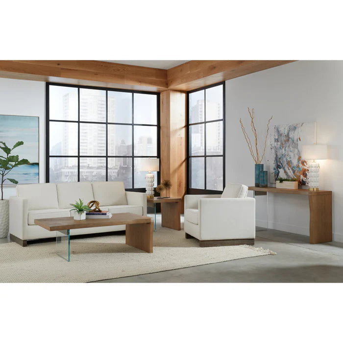 Seabourne Live-Edge White Oak and Glass Coffee Table in Bisque