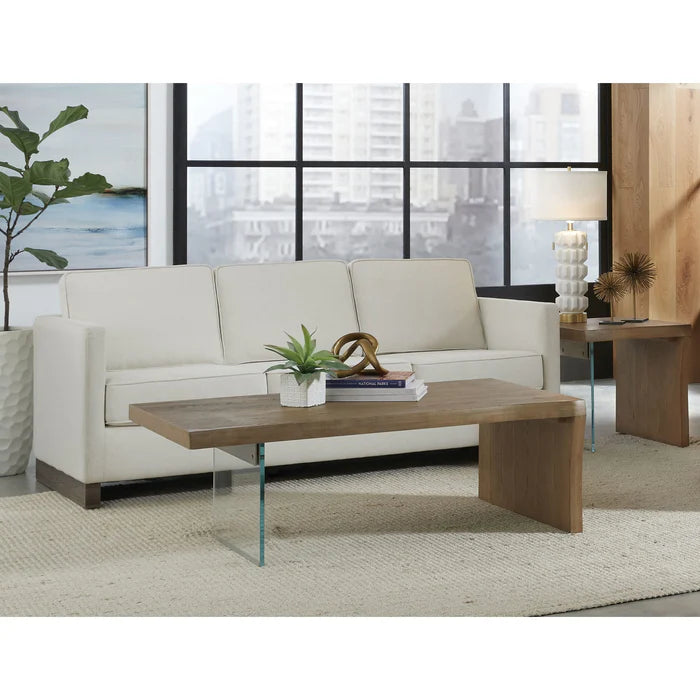 Seabourne Live-Edge White Oak and Glass Coffee Table in Bisque