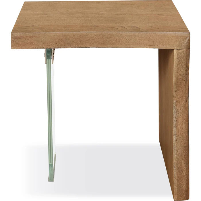 Seabourne Live-Edge White Oak and Glass End Table in Bisque