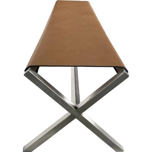 A modern dining bench made of leather in a coastal director style, in cognac and brushed stainless steel.
