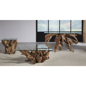 A console table made of solid teak wood with a glass top.