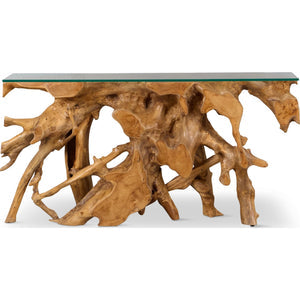 A console table made of solid teak wood with a glass top.