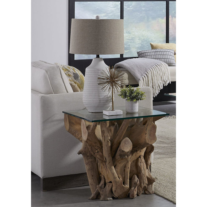 Set of 2 A side table made of solid teak wood with a glass top.