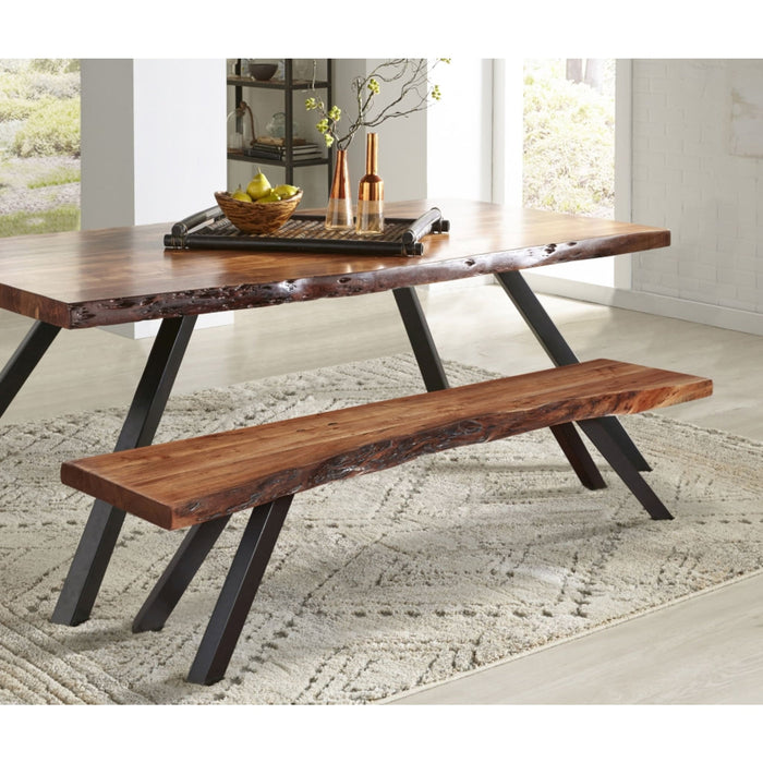 Reese Live Edge solid wood dining bench with metal legs in natural acacia wood