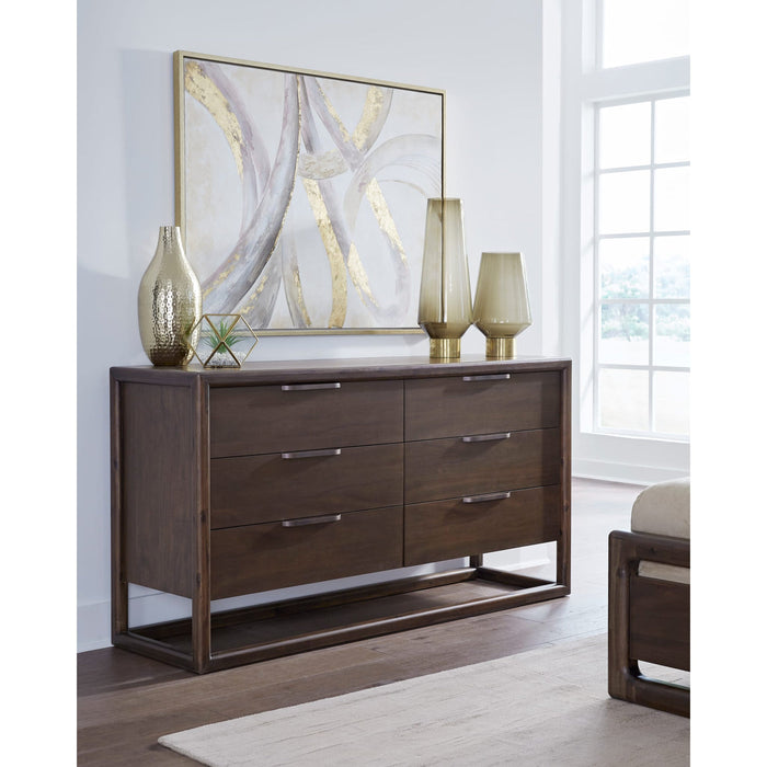 Sol acacia wood chest of drawers with six drawers and Mirror in Brown Spice