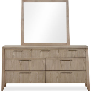 Sumire chest of drawers in ash wood with seven drawers and Mirror in ginger