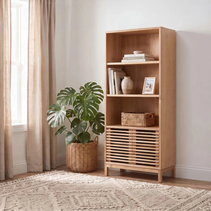 Linden Pine Wood Bookcase with Adjustable Shelves & Cabinet Storage
