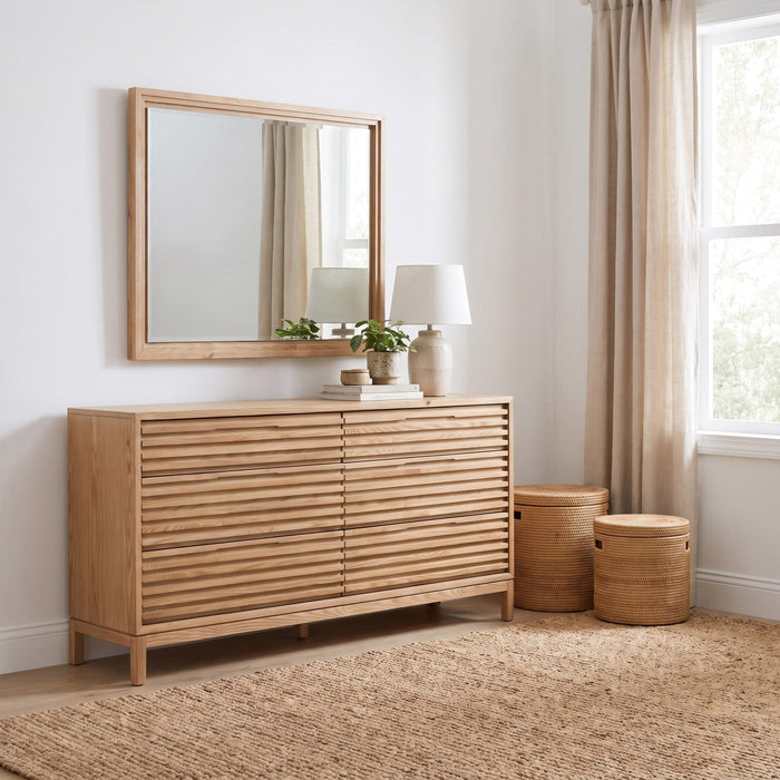 Tanner chest of drawers made of ash wood with six drawers and Mirror in flax finish