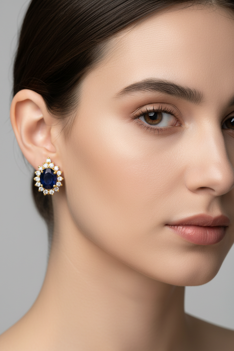 Sterling Silver Omega Lock Earrings, Decorated with Blue Sapphire and CZ Simulated Diamonds, Plated with 1 Micron 18K Yellow Gold