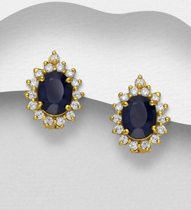 Sterling Silver Omega Lock Earrings, Decorated with Blue Sapphire and CZ Simulated Diamonds, Plated with 1 Micron 18K Yellow Gold