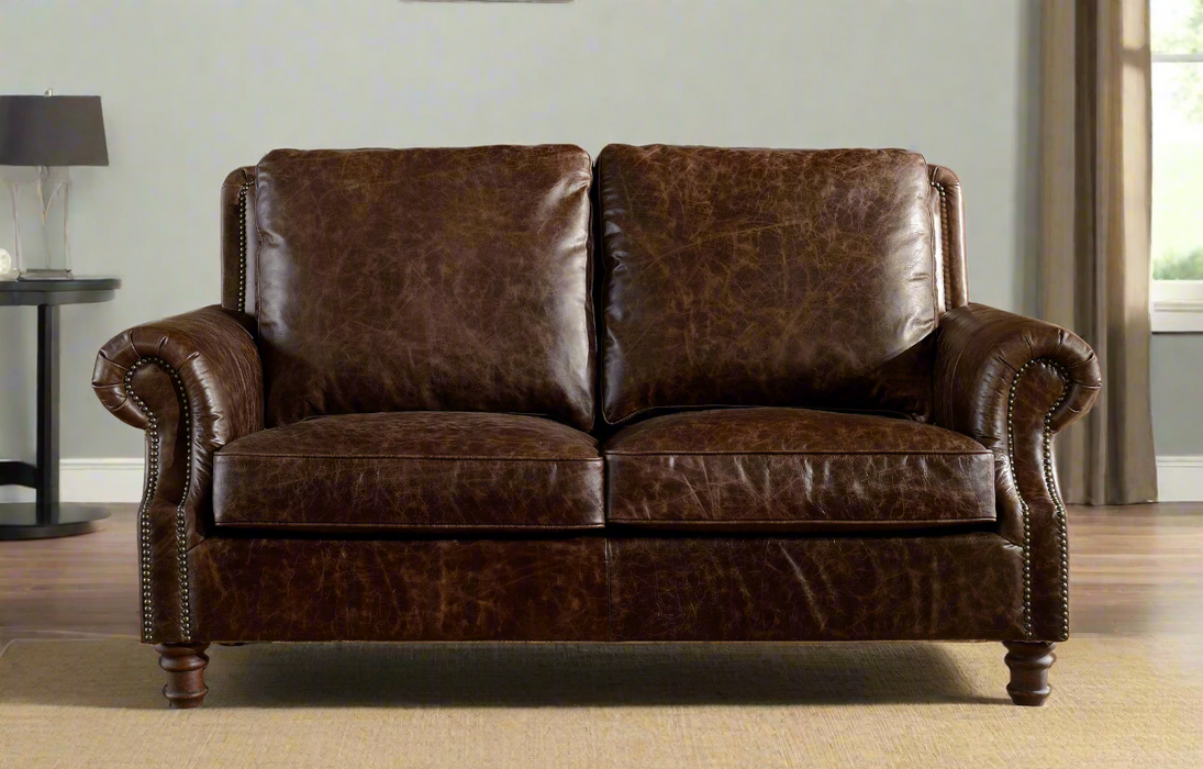 English Rolled Arm Love Seat - Dark Brown Leather