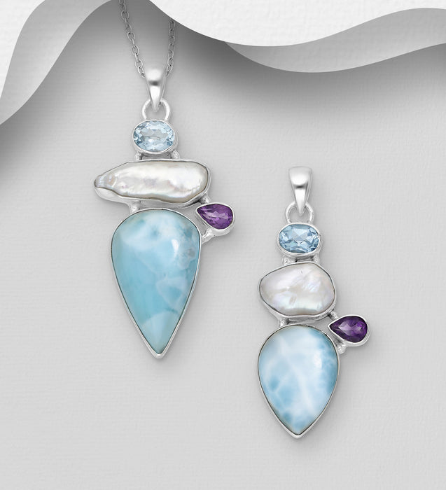 Sterling Silver Pendant, Decorated with Larimar, Freshwater Pearls, Sky-Blue Topaz and Tanzanite