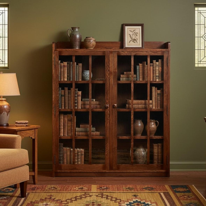 Mission Oak 2 Door Bookcase with Glass Doors - Walnut
