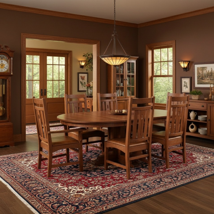 Mission Quarter Sawn Oak 2 Leaf Round Dining Table Set w/ 6 Chairs