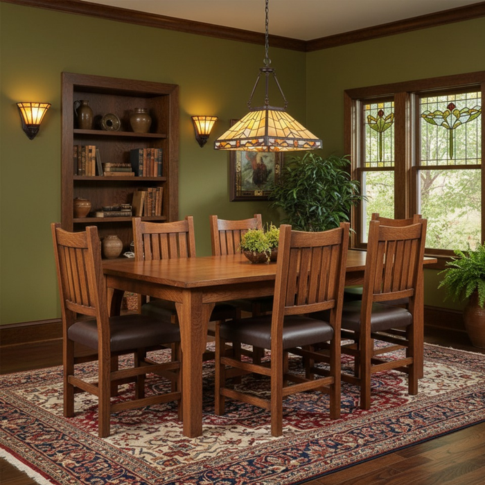 Mission 70" Solid Oak Dining Table Set with 6 Slat Back Chairs