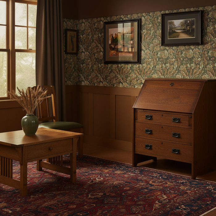 Arts and Crafts Mission Solid Oak Secretary Desk - Dark Brown