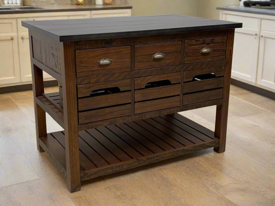 Barlow Crate Kitchen Island with Zinc Top - Rustic Brown