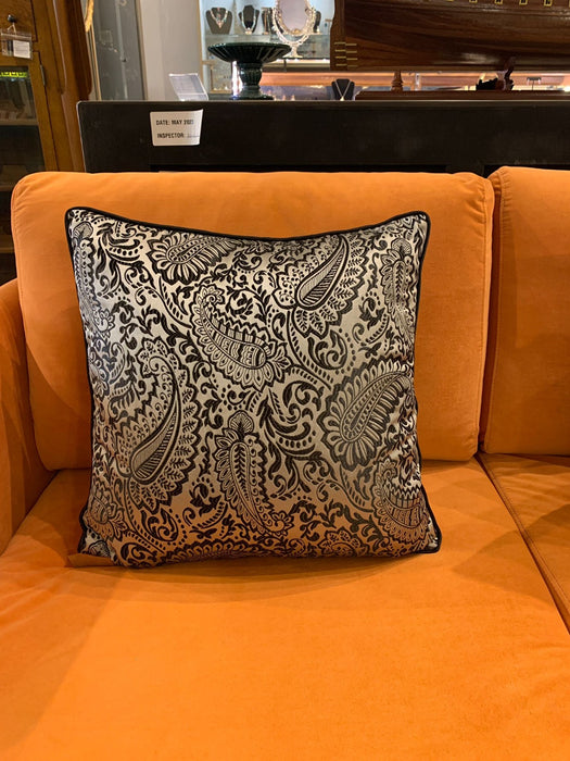 Elegant Grey Damask Cushion with Subtle Piping