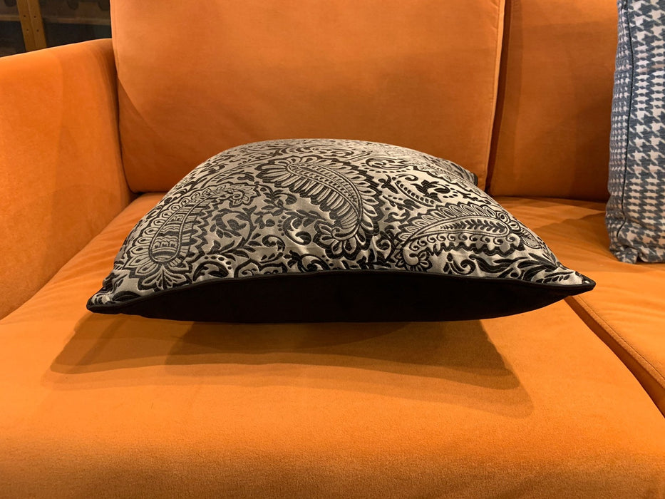 Elegant Grey Damask Cushion with Subtle Piping