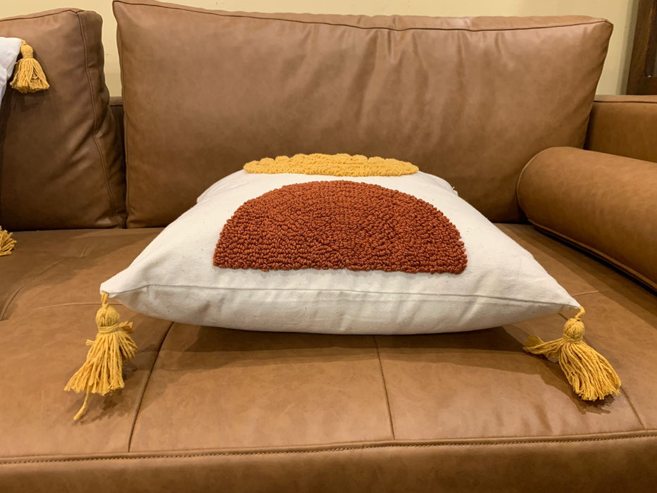 Boho Tufted Cushion with Tassels – Mustard & Rust