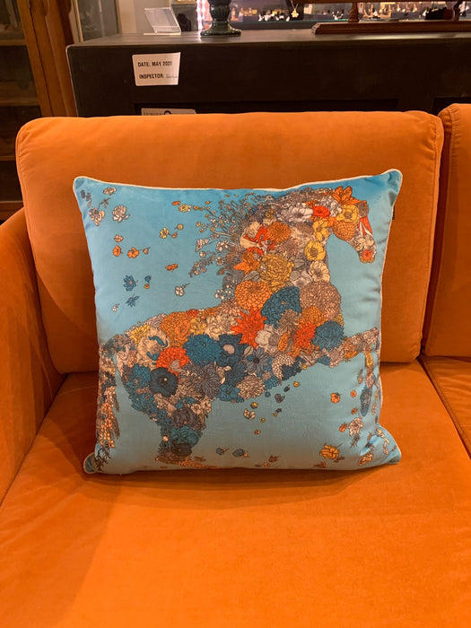 Floral Horse Art Cushion – Turquoise Decorative Throw Pillow