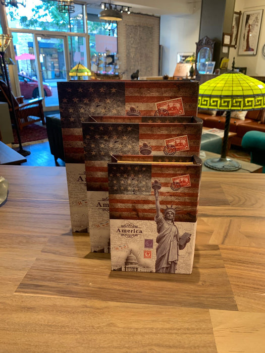 Decorative Book Box Set of 3 – America Flag & Statue of Liberty Hidden Storage, Faux Leather Keepsake Organizer