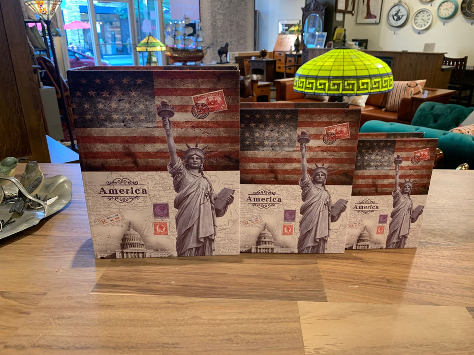 Decorative Book Box Set of 3 – America Flag & Statue of Liberty Hidden Storage, Faux Leather Keepsake Organizer