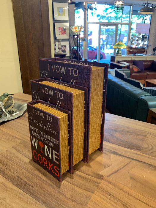 Decorative Wine Book Box Set of 3 – Hidden Storage Case, Faux Leather, Secret Keepsake Organizer