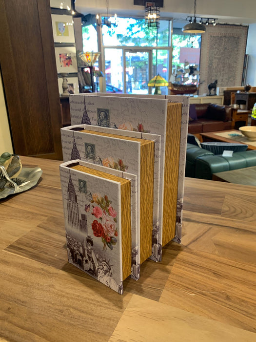 Decorative Book Box Set of 3 – New York City Hidden Storage Case, Faux Leather, Secret Keepsake Organizer
