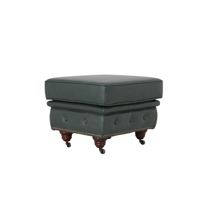 Belgravia Classic Top Grain Leather Ottoman with Button Tufting and Brass Nail head Trim