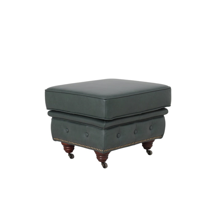 Belgravia Classic Top Grain Leather Ottoman with Button Tufting and Brass Nail head Trim