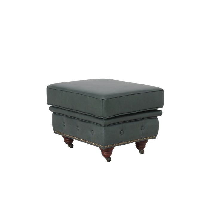 Belgravia Classic Top Grain Leather Ottoman with Button Tufting and Brass Nail head Trim