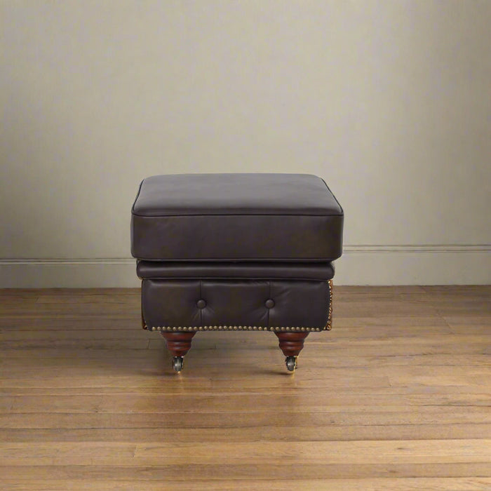 Belgravia Classic Top Grain Leather Ottoman with Button Tufting and Brass Nail head Trim