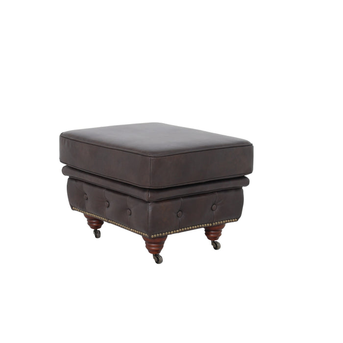 Belgravia Classic Top Grain Leather Ottoman with Button Tufting and Brass Nail head Trim