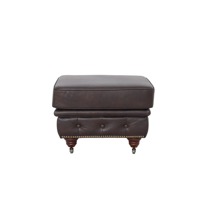 Belgravia Classic Top Grain Leather Ottoman with Button Tufting and Brass Nail head Trim