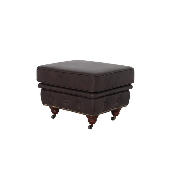Belgravia Classic Top Grain Leather Ottoman with Button Tufting and Brass Nail head Trim